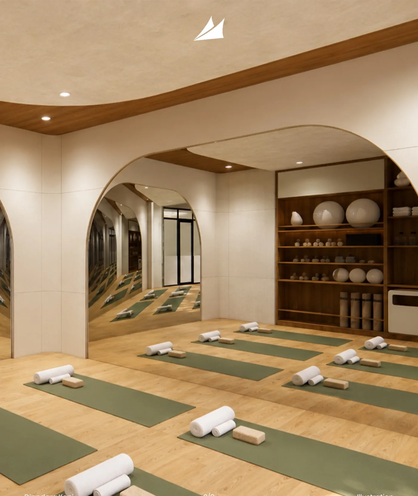 Illustration of a studio with arched openings and green mats