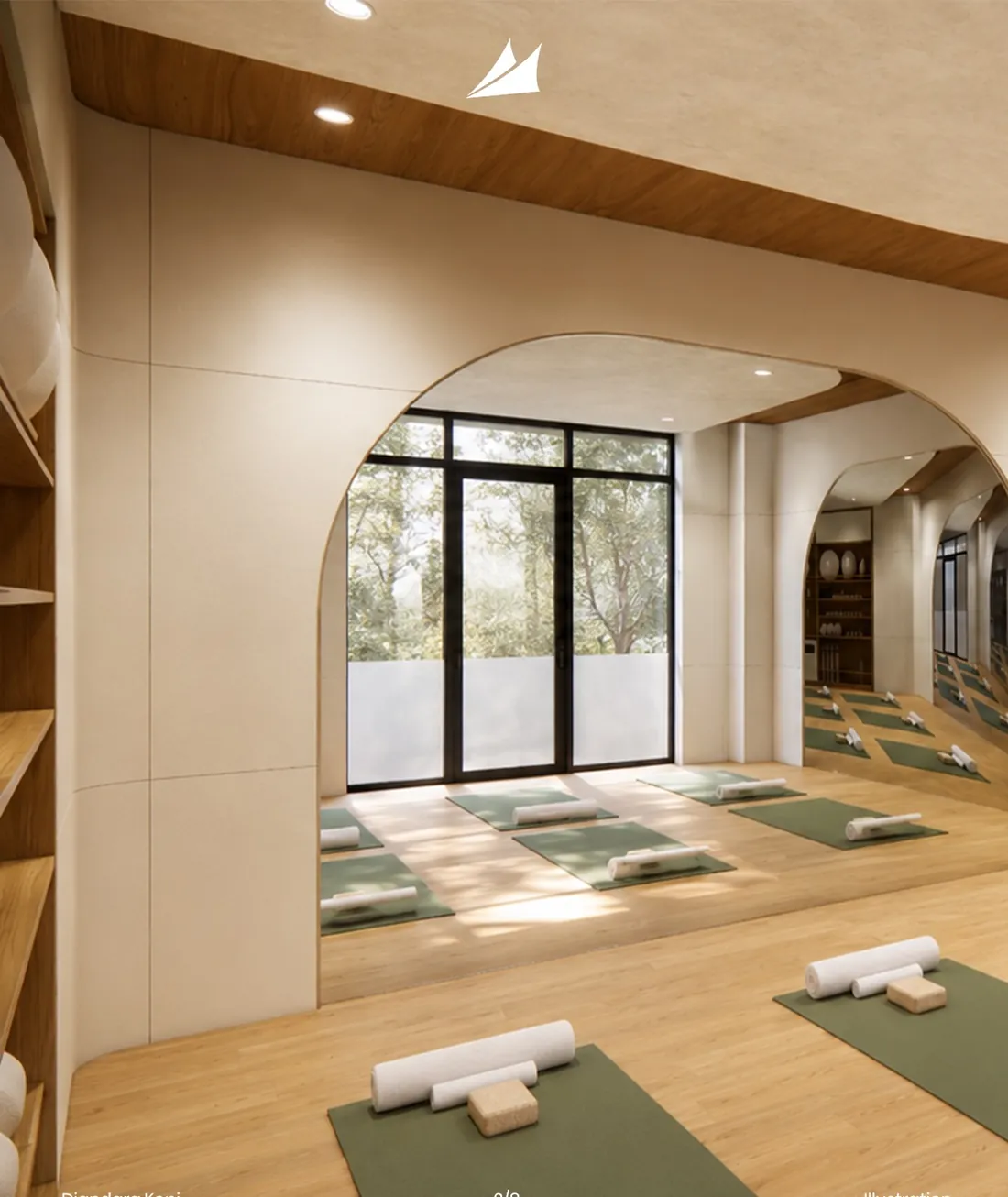 Design concept of a studio with arched openings and wood shelving